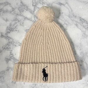 Polo Ralph Lauren Pony Rib Cuff Pom Pom Beanie Hat off-white wool One Size